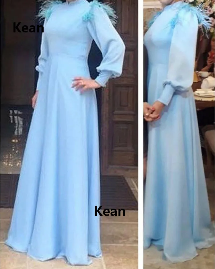 

Sky Blue Muslim Evening Dress Puff Sleeve Feathers Simple vestidos Islamic Dubai Kaftan Saudi Arabic Evening Gown Prom Dress