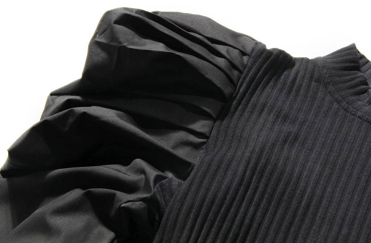Women Black Knitting Sweater Burr Two Piece Blouse Pleated Puff Sleeve Tight Vintage Style Versatile Knitted Shirt Fashion Tide Women Black Knitting Sweater Burr Two Piece Blouse Pleated Puff Sleeve Tight Vintage Style Versatile Knitted Shirt Fashion Tide
