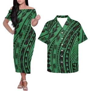 HYCOOL Latest Green Samoan Dress For Women Summer 2pcs Couples Matching Clothing Set Polynesian Off Shoulder Dress Match Shirts