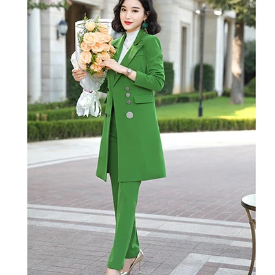 Green Pant Suit Высококачественный Элегантный женский брючный костюм, Длинный блейзер и брюки, 2 предмета в комплекте, зеленый, красный, черный, для офисных леди - Цвет: Green Pant Suit