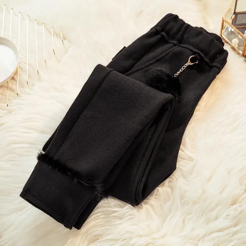 Осенне-зимние шерстяные штаны-шаровары, теплые утепленные штаны больших размеров, женские повседневные уличные черные брюки, женская одежда 4XL Q1945