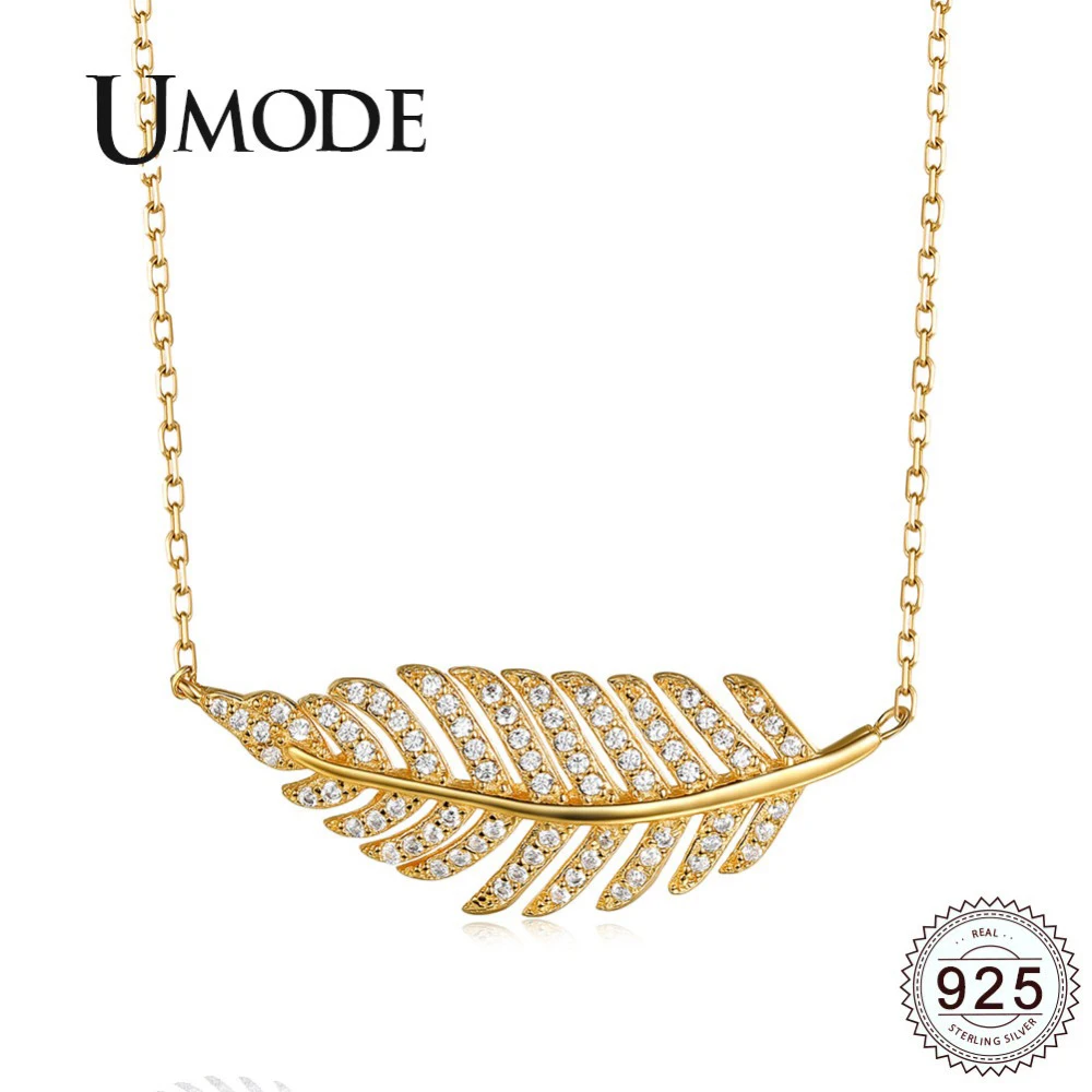 UMODE Брендовое 925 пробы ожерелье с серебряными перьями и кулонами для женщин, ожерелье с листьями из белого золота, Трендовое ожерелье, подарки ULN0231