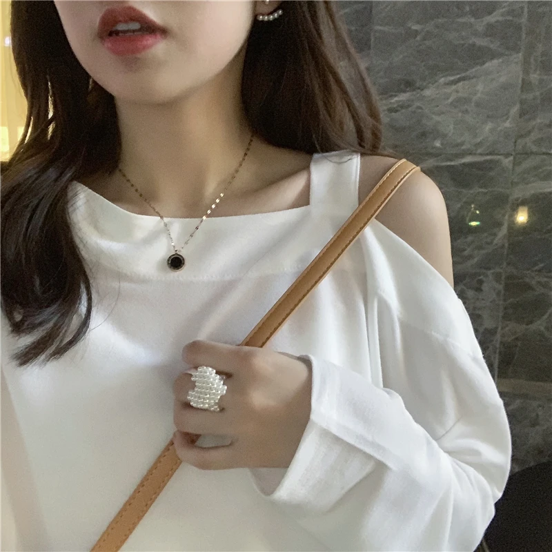 

Women's Clothing ins Tees chic solid skew collar casual style spring womens long sleeve tops off shoulder loose vetement femme