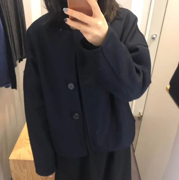 Navy blue Женская шерстяная куртка, Повседневная Осенняя зимняя однотонная короткая шерстяная куртка, верхняя одежда - Цвет: Navy blue