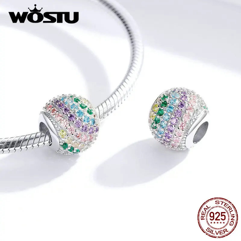 WOSTU, 925 пробы, серебряные, радужные круглые бусины, красочный Циркон, шарм, подходит для оригинального браслета, подвеска, серебро 925, ювелирные изделия DXC1355