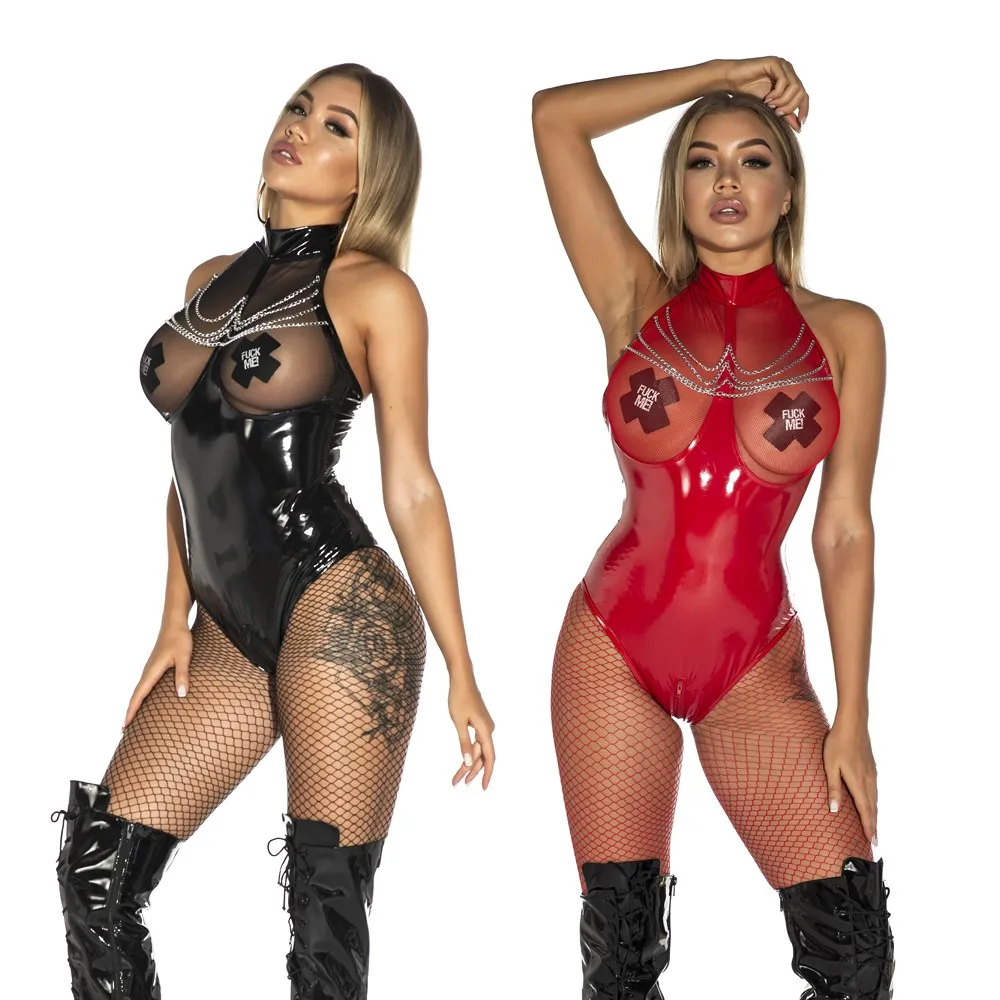 Sexy Women PVC Latex Catsuit Faux Leather Hot PU Bodysuits Erotic Leotard Costume Halter Neck Mesh Fishnet Bust Zipper white lace bodysuit