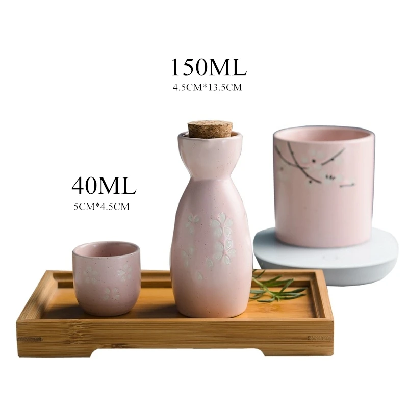 Japanese Sake Wine Warmer 1 Pot 4 Cups Ceramic Wineware Cherry Blossom Pattern Sake Pot Yellow Wine Cup Elegant Gift