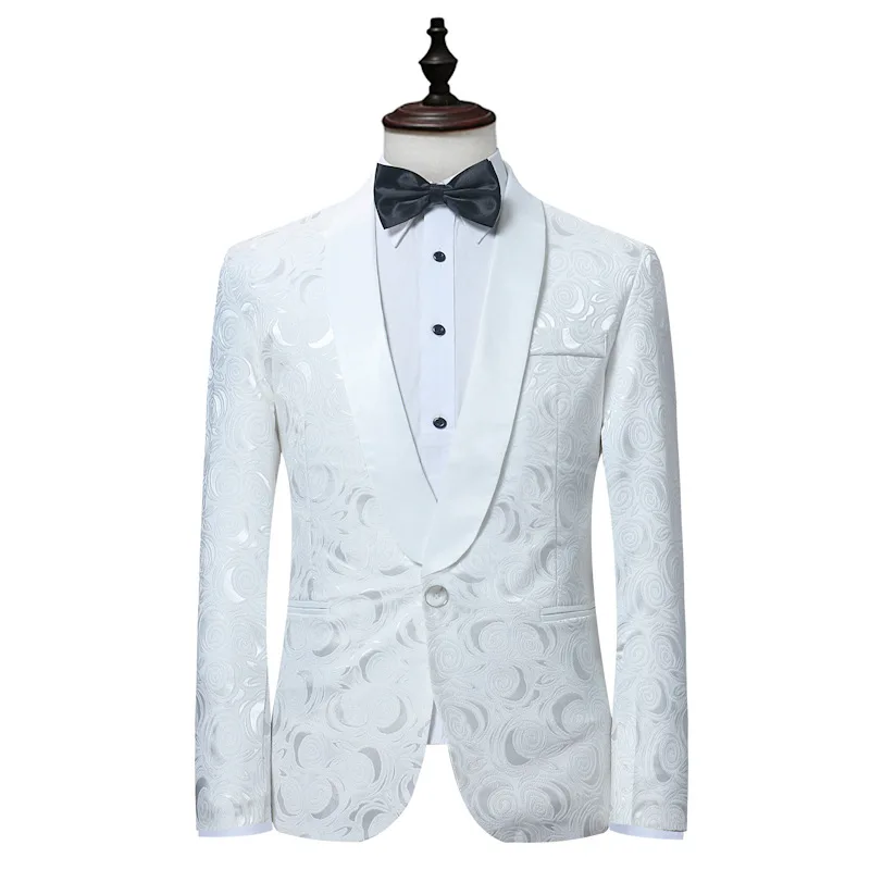 

Mens White Rose Floral Jacquard Blazer Jacket Shawl Collar Single Button Blazer Men Party Wedding Tuxedo Blazers Costume Homme