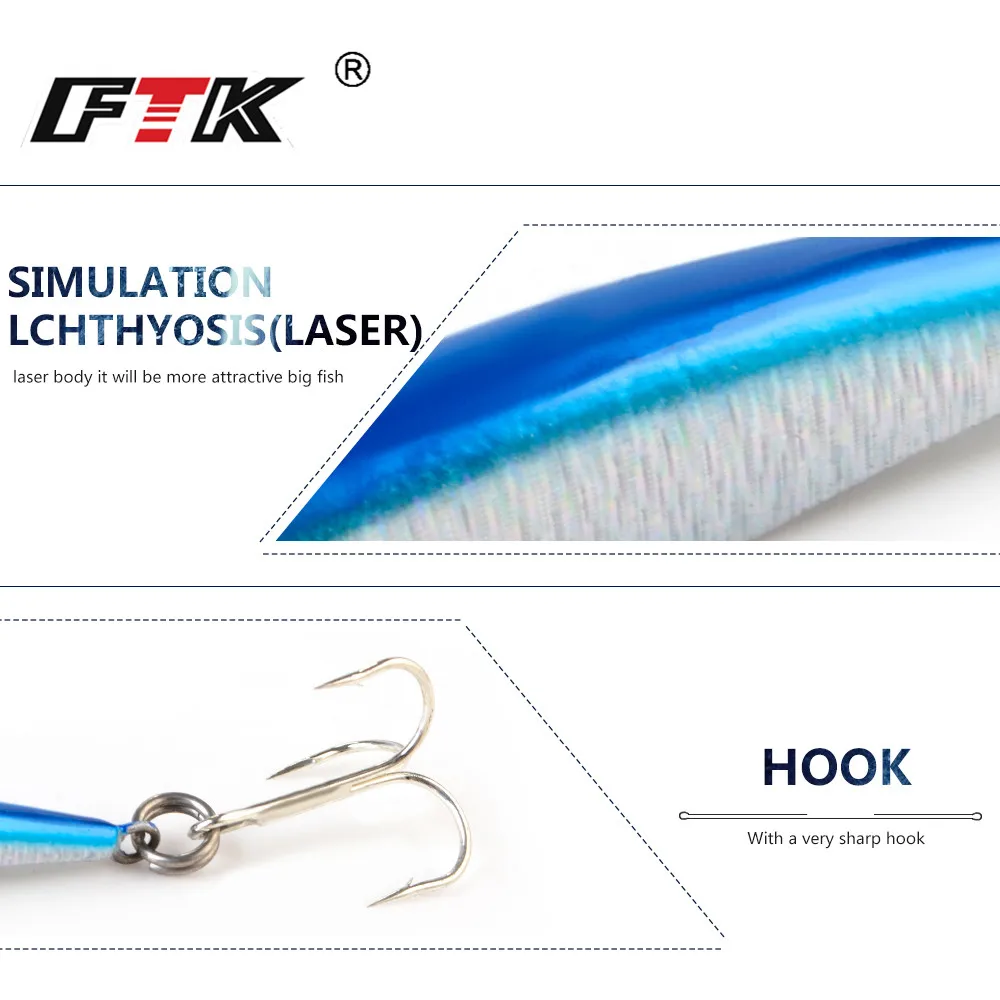 FTK 40g 60g Deep Sea Fishing Hard Lead Metal Jig Lure Sinking Micro Jigging Fishing Bait Tackle Wobbler With Treble Hook