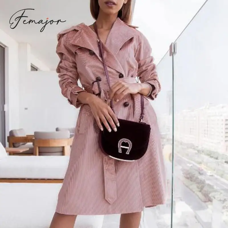 

Femajor Fall 2019 Women Fashion Corduroy Trench Coat Female Winter Business Chic Turndown Collar Long Coats Pink Belt Outwear