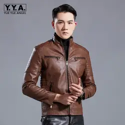 Slim Fit Moto байкерские мужские куртки на молнии из искусственной кожи модные корейские повседневные куртки с воротником-стойкой