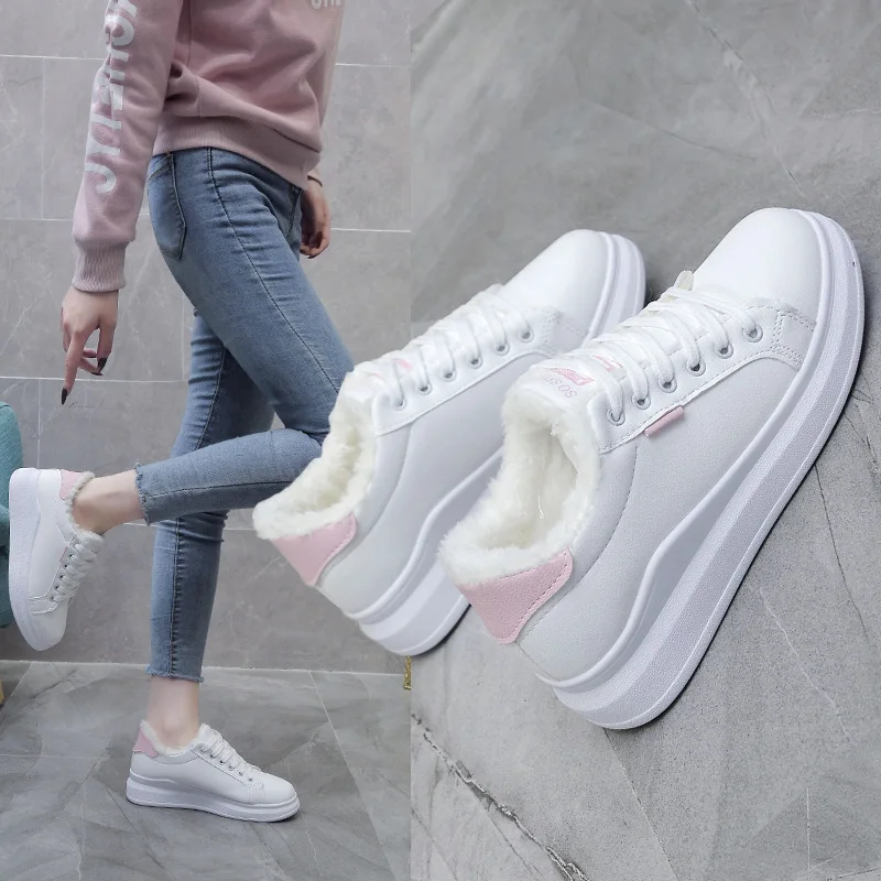 

Winter New Short Plush Women's Shoes Fashion Lace-up Low-heeled Sneakers Round Head Flat Bottom Comfortable Casual Shoes