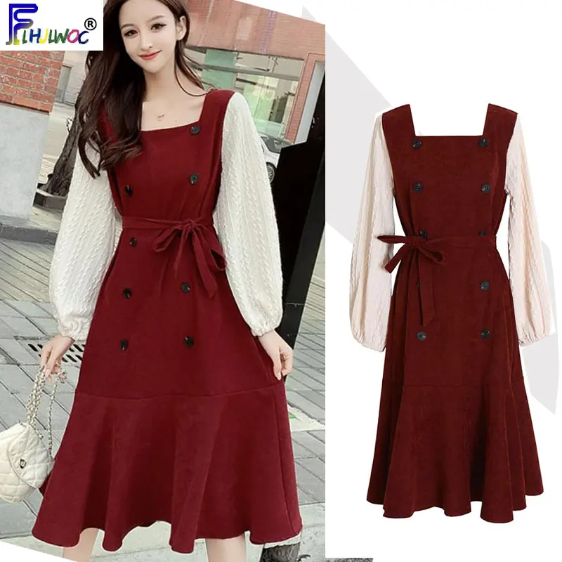 Женское милое вельветовое платье составного кроя с длинным рукавом