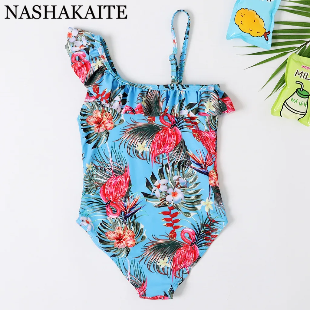 NASHAKAITE купальный костюм для мамы и дочки; Новинка; пляжная одежда на одно плечо с принтом Фламинго; семейный Купальник; купальник для мамы и дочки