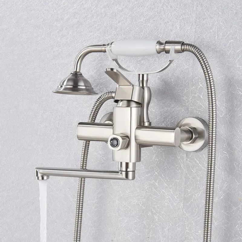 Brushed nickel Wall Mount Bathtub Faucet Dual Handles Swivel Spout Mixer Tap with Hand Sprayer Long spout RU style