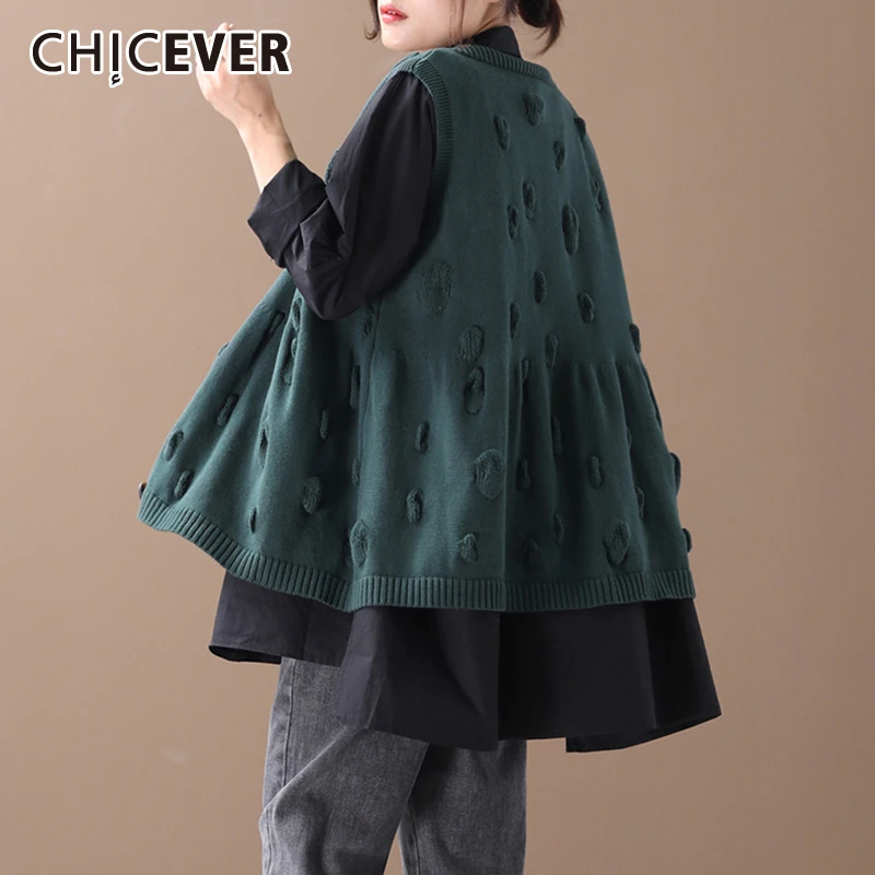 

CHICEVER Patchwork Knitted Sweater Vest For Women V Neck Sleeveless Oversize Cardigan Sweaters Female 2019 Autumn Winter New