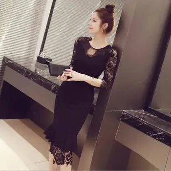 

2019 Fashion Black Lace Bodycon Dress Autumn Winter Lace Hollow Out Patchwork Trumpet / Mermaid Ruffle Dress Party Ladies Dress