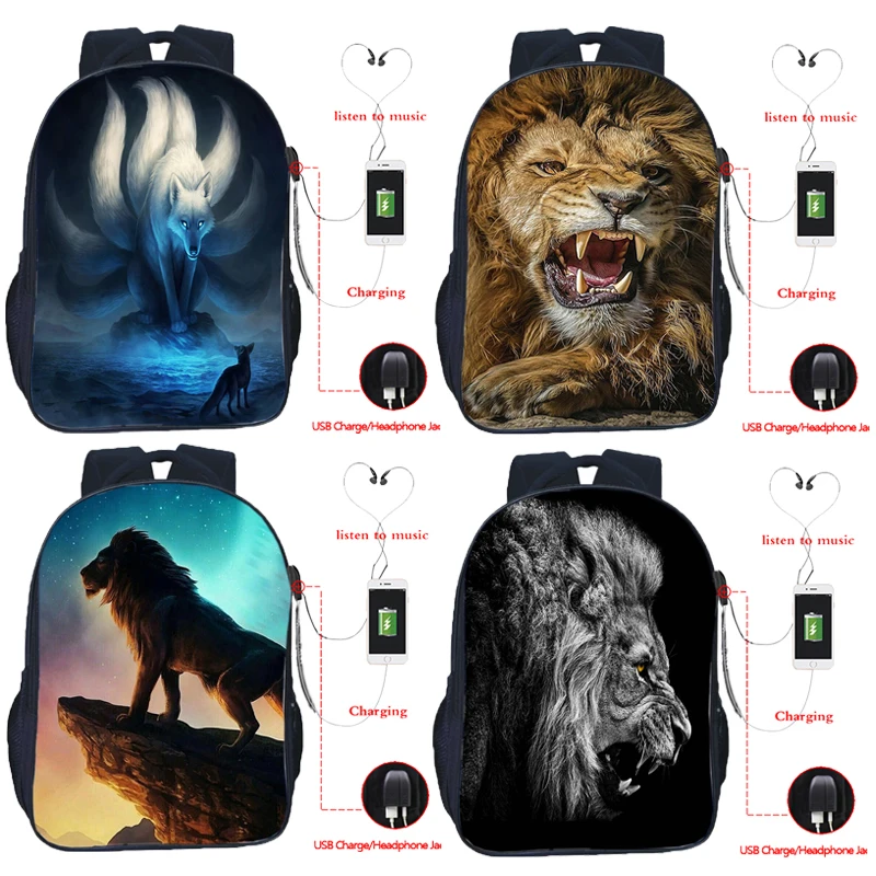 

Lion 3d Printed School Backpack Boys Girl Bookbag Teenager USB Cable Book Rucksack College Student Schoolbag Men Travel Knapsack