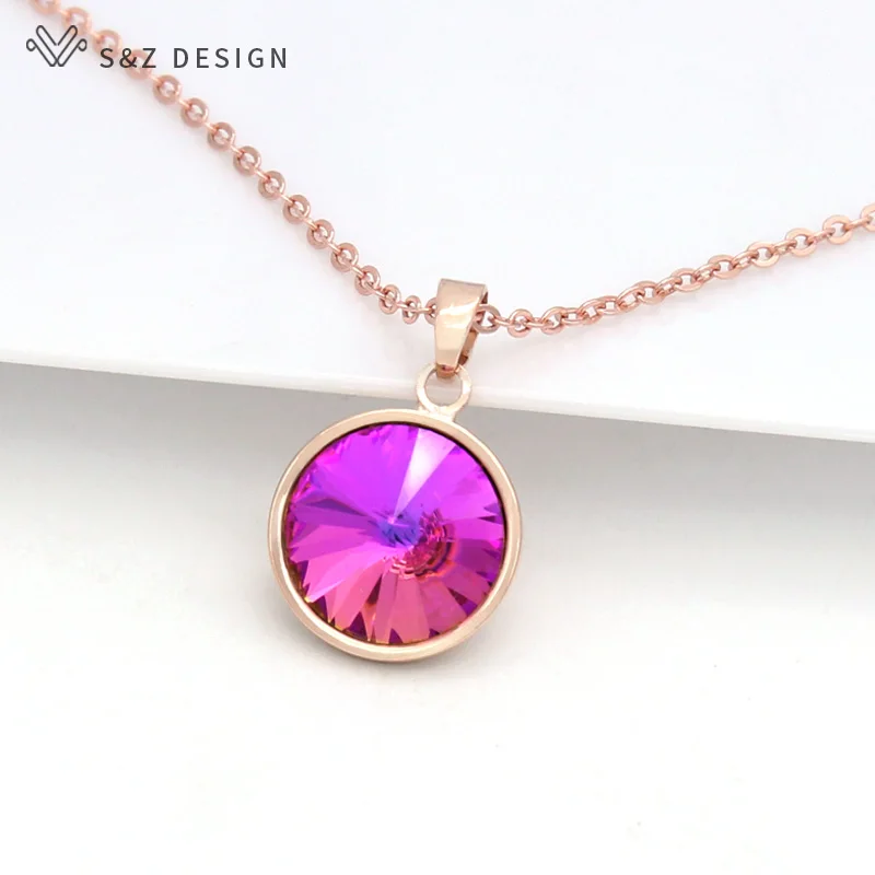 S&Z DESIGN New Fashion Round Crystal Pendant Necklace For Women Wedding Jewelry Lover Gift 585 Rose Gold Color