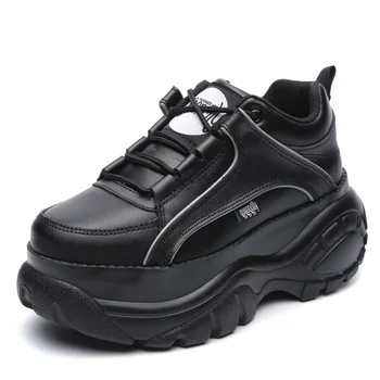 

Leather Genuine Sneakers White Shoes Woman Casual Shoes 2020 New Female Chunky High Heel Sneakers For Woman Black Shoes