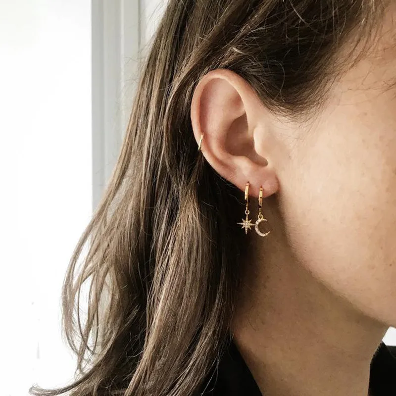 KINFOLK Shiny Crystal Star Moon Earrings Charming for Women 2019 Fashion Dangle Hanging Drop Earing Jewelry | Украшения и