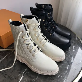 

Combat Boots 2020 Black White Leather Winter Shoes Woman Flat Ankle Booties Lace Up Botas Mujer Warm Round Toe Chaussures Femme