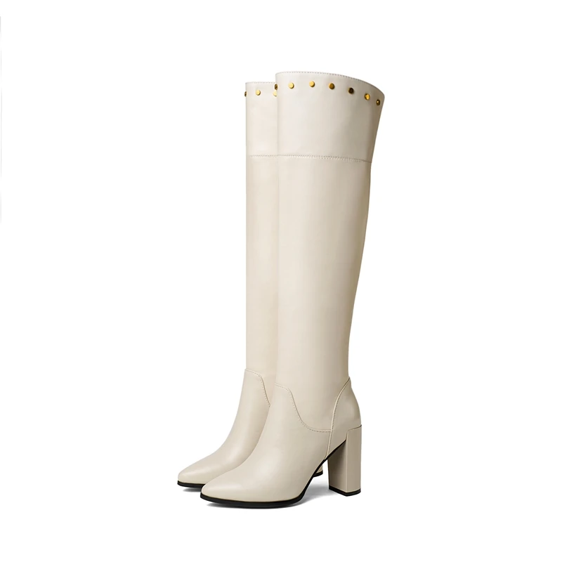 beige white EGONERY/Женская обувь новые зимние высокие сапоги с острым носком г. Обувь на каблуке 9 см с боковой молнией женские пикантные модельные высокие сапоги до колена - Цвет: beige white