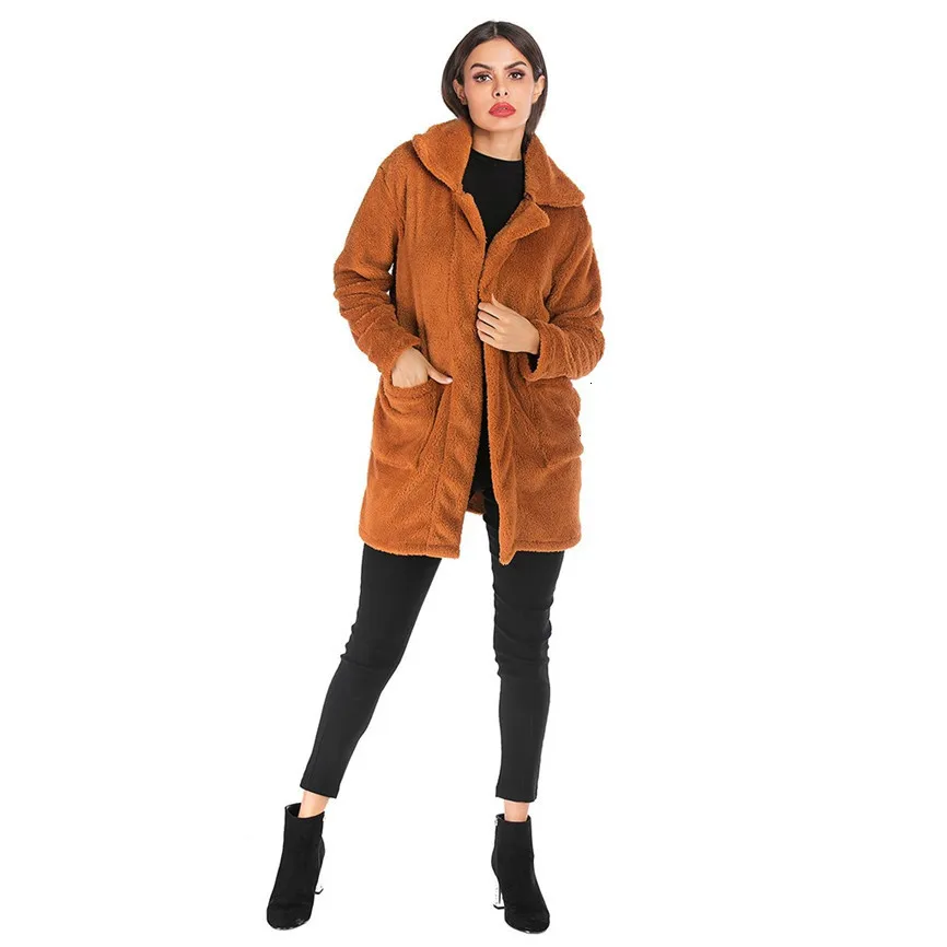 Women Woollen Coat Long Sleeve Solid Warm Overcoat Pockets Woolen Winter Double-Faced Velvet Outerwear Casaco |