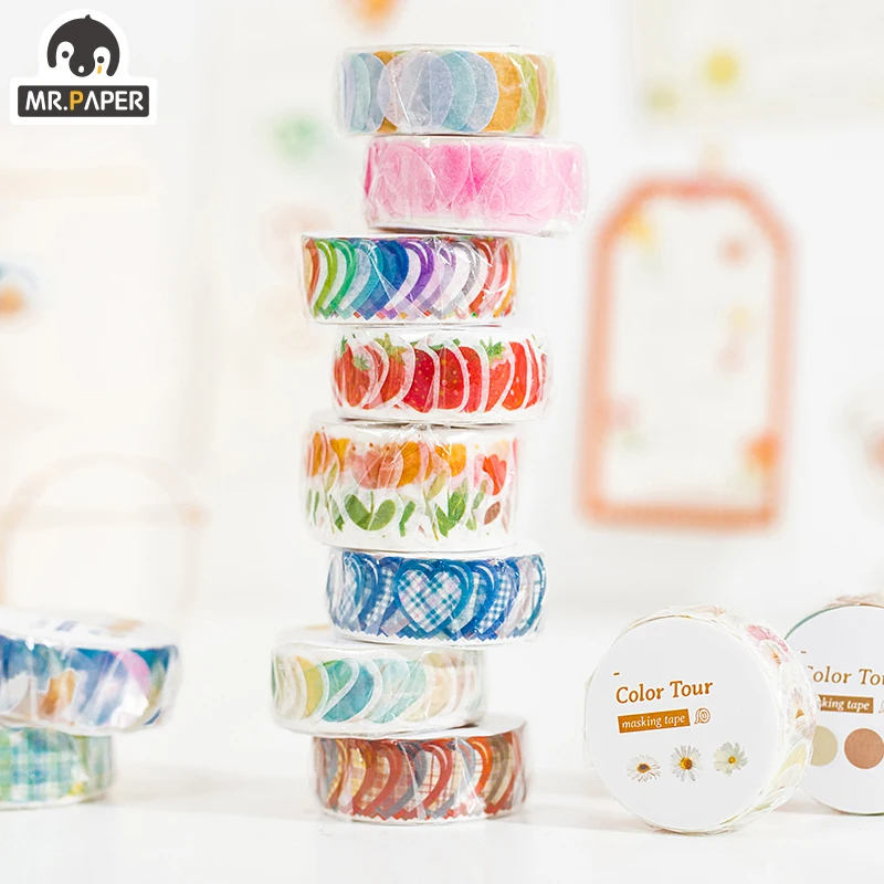 

Mr.Paper 12 Design Color tour Series Plaid Flower Love Scrapbook Cut-off Rule Washi Tape Journaling Decoration Masking Tapes