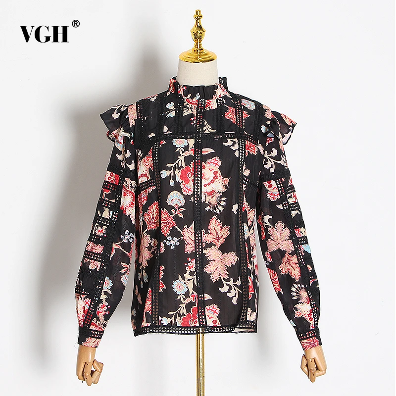 VGH рубашки с рюшами и винтажным принтом для женщин рубашка длинным рукавом