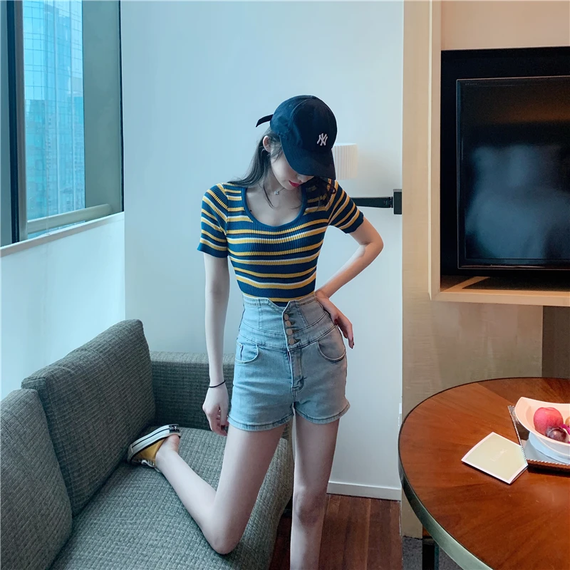 Hyuna/Летний Стиль, свитер в полоску+ джинсовые шорты с высокой талией, универсальные свободные штаны, шорты