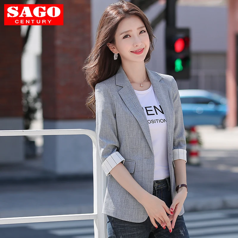 

Women Three Quarter Sleeve Chic Small Suit Blazer Casual Jacket Formal Office Lady Turn Back Cuff Work Wear Business Elegant