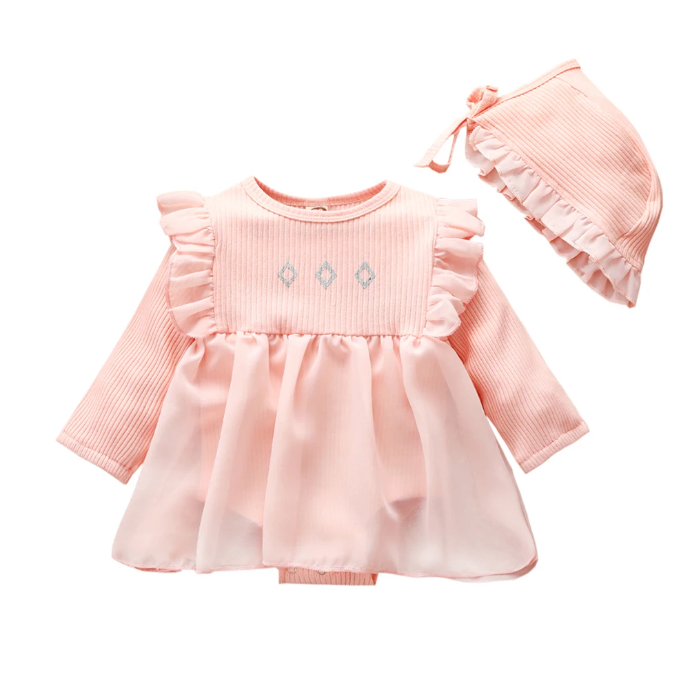 

Autumn Baby Girls bodysuit Dress With Hat Long Sleeve Cotton Lace Princess Boho Style Newborn Bodysuit Outfits For Infant