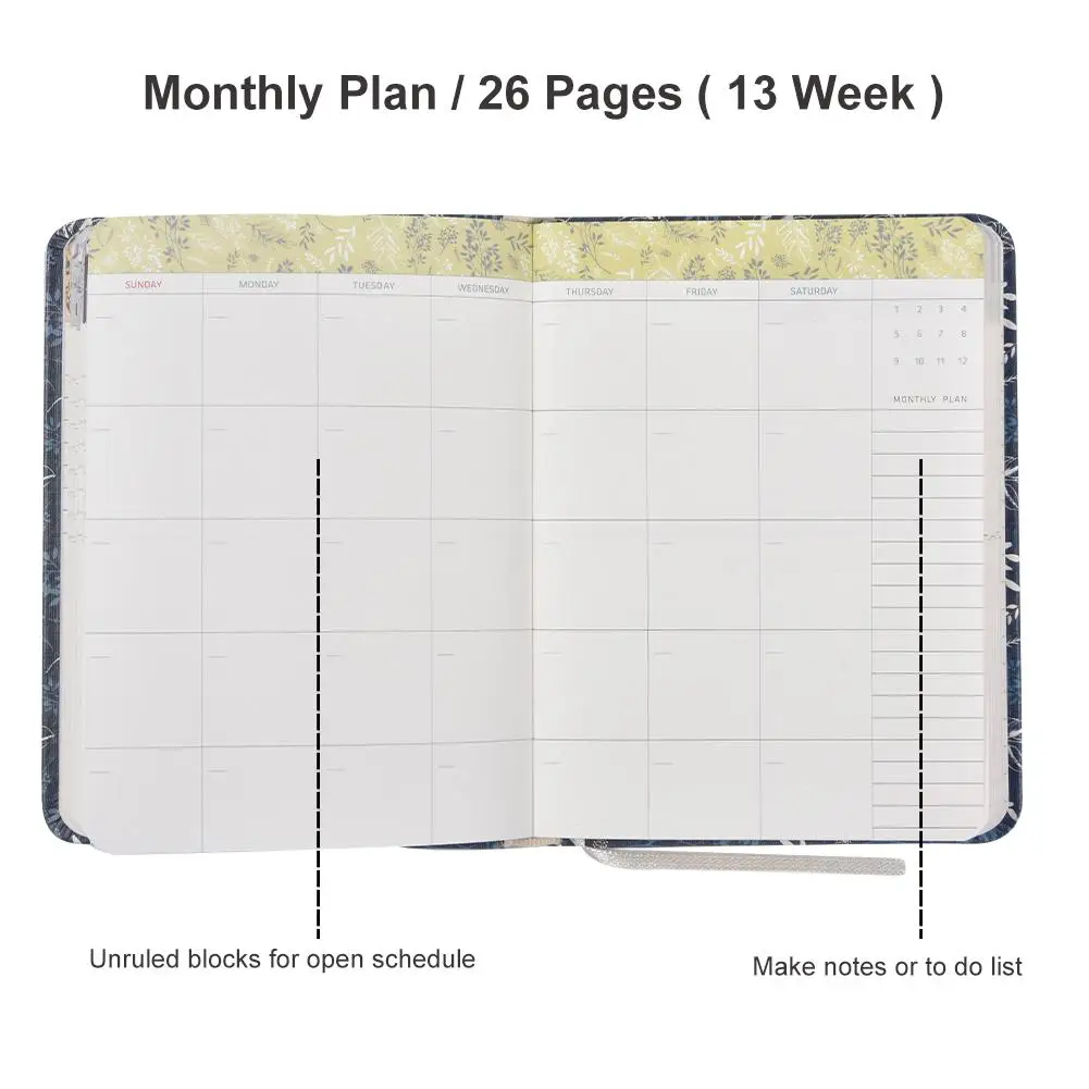 Планировщик-еженедельник и ежемесячный планировщик, 5," x 4,3" Цветочный переплет еженедельник календарь расписание+ учебный Органайзер 96 листов