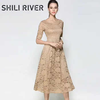 

New summer lace midi party dress for women a line short sleeve casual slim elegant floral embroidery pleated long dresses khaki