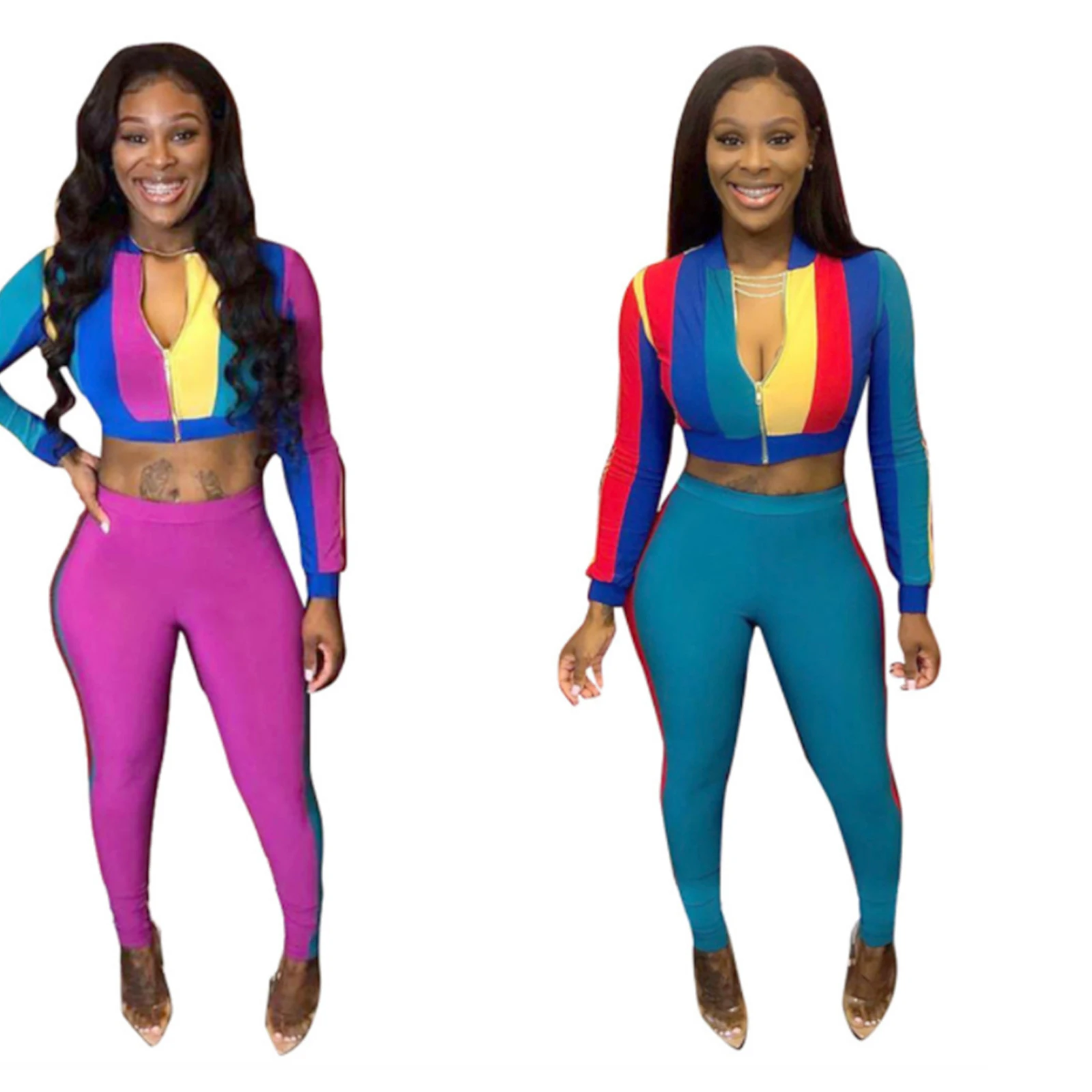 

2 Pcs Women Color Block Outfits, Autumn and Winter Long Sleeve Round Neck Cardigan + Pencil Pants