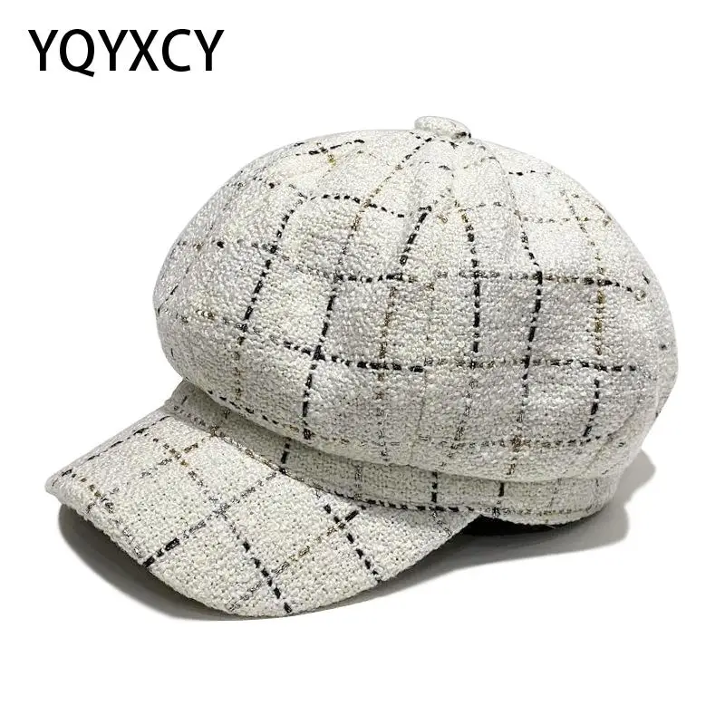 

Black Beret Women Autumn Winter Octagonal Hat Female Retro British Painter Cap Plaid Pattern Women Hats Caps Vintage Bonnet