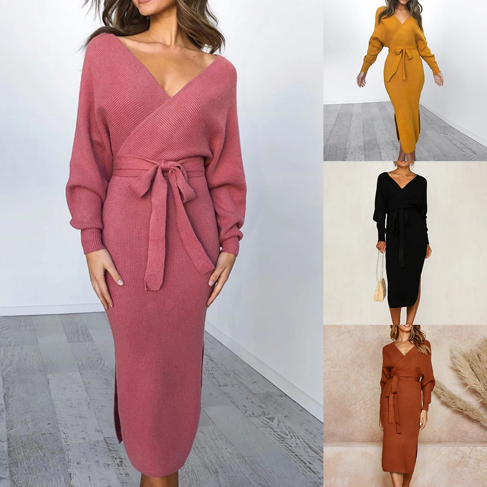 Casual Ladies Dresses Women Long-sleeved V-neck Belted Knitwear Vestidos Ropa Mujer Autumn Sexy Midi Dress Long Knitted Sweaters