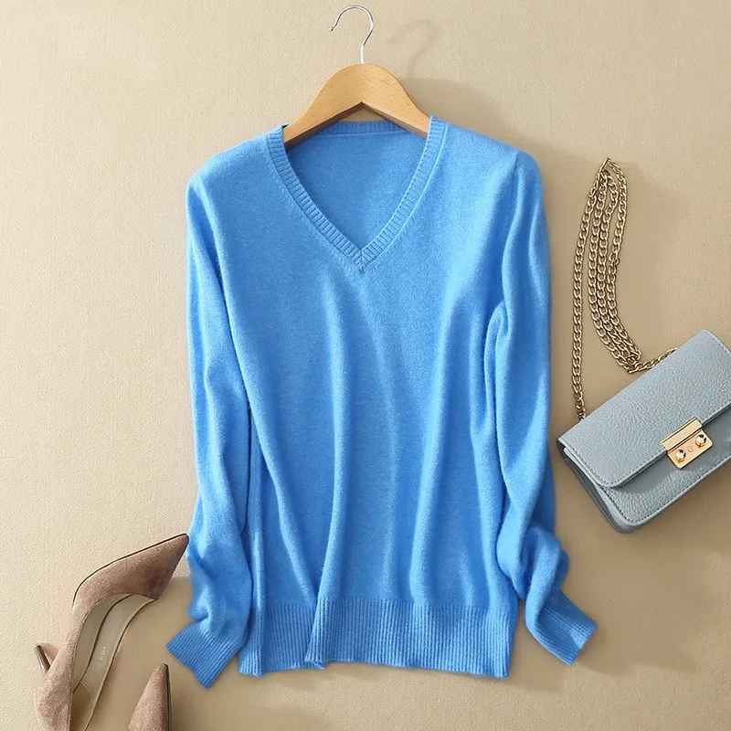 v neck Высокое качество, Осень-зима, кашемировый, хлопковый, смешанный, вязанный женский свитер и пуловер, трикотажный джемпер, pull femme hiver - Цвет: v neck