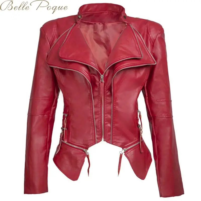 

Belle Poque Fashion Motorcycle Leather Gothic Jacket Women Winter Autumn Black Coats Faux Streetwear Outwear Coats 2019