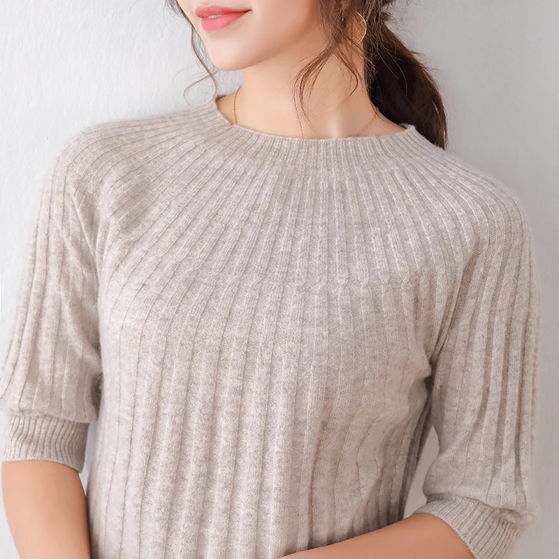MERRILAMB High-Quality Pure Wool Knitted Half-Sleeved Sweater Top Women's Casual Soft Comfortable Striped Pullover Spring Autumn | Женская
