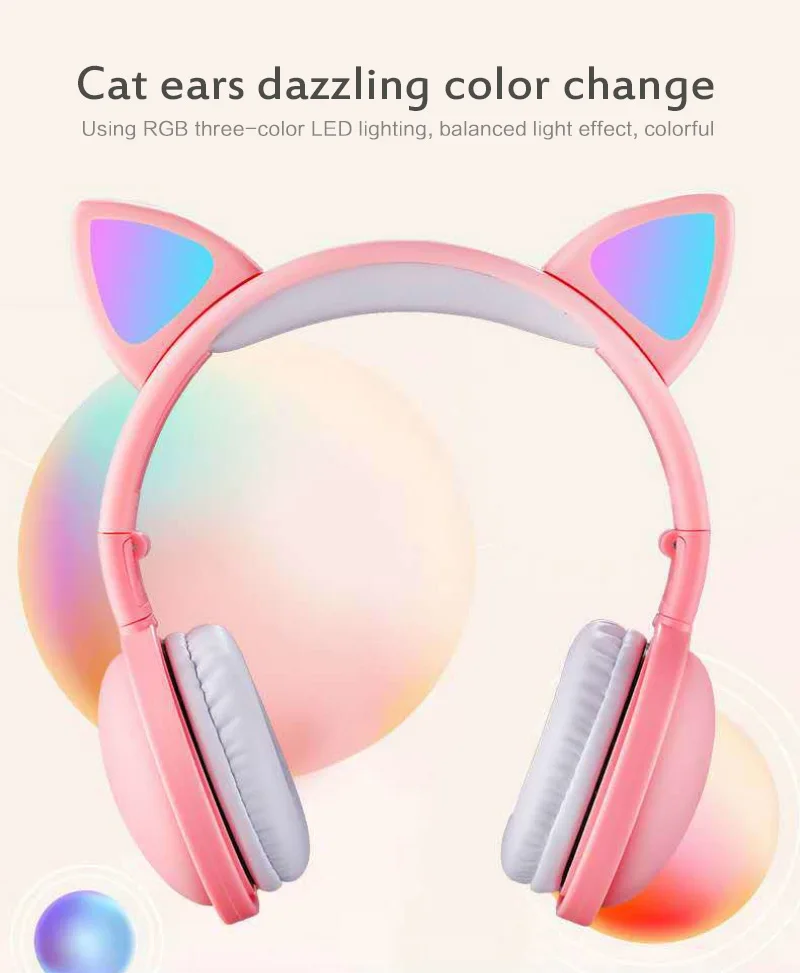 Wireless LED Cat Cute Ear Headphone Folding Headset Bluetooth Earphone Kid Girls Noise Canceling Line Type Headset For Android