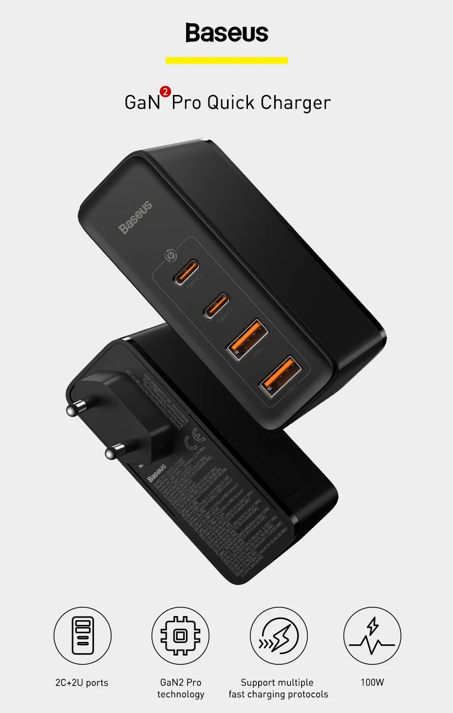 Baseus GaN Charger 100W USB Type C PD Fast Charger with Quick Charge 4.0 3.0 USB Phone Charger For MacBook Laptop Smartphone usb triple socket