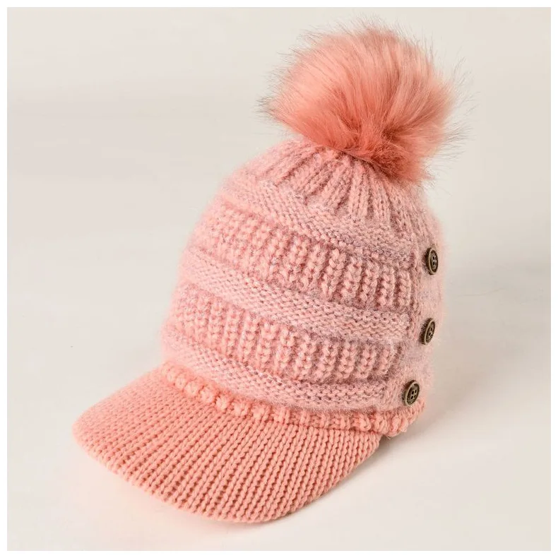 Women's Winter Autumn Wild Knitted Beanie Warm Dome Casual Wool Ball Skullies Cap For Girls Cute Button Outdoor Hat 6 Color
