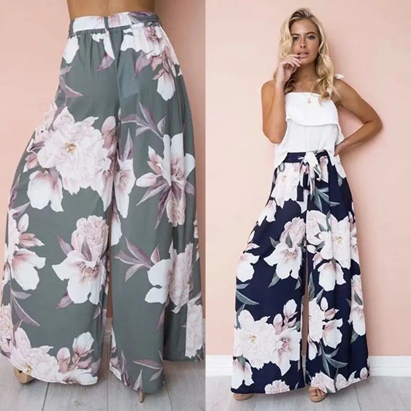 Модные женские летние Boho Цветочные шаровары длинные штаны хиппи Высокая широкая нога Цыганский танец Бохо Палаццо свободные кюлоты повседневные брюки