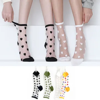 

Colorful Heart Love Tulle Glass Silk Socks Nylon Women Summer New Korean Ladies Lace Transparent Ultra-thin Mesh Sheer Socks