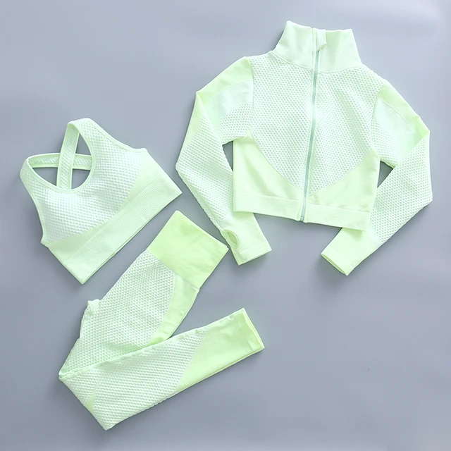 Yoga Set Workout Gym Clothing Fitness For Women's Tracksuit Outfit Leggings Sport Bras Top Long Sleeve Women Sportswear Suit Fruit green