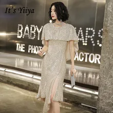 Это YiiYa Выпускные платья размера плюс длиной до колена vestidos De Gala K142 элегантные платья для выпускного вечера с коротким рукавом и круглым вырезом с блестками