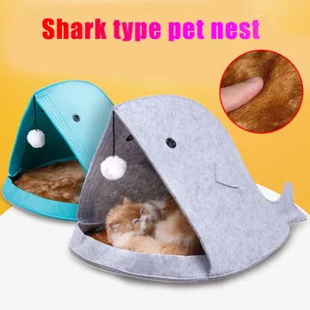 

Cute Cats Dog Nest Bed Mat Felt Pet Nest Washable Fish-shaped Shark Cats Litter Portable Foldable QP2