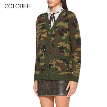 

COLOREE Autumn Winter 2019 Women's Camouflage Cardigan Military Long Sleeve V-neck Crystal Beading Knitted Blouse Sweater Female